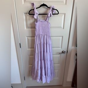 Purple Gingham Smocked Shoulder Tie Maxi Dress